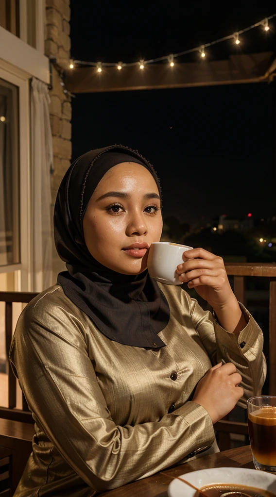 A beautiful woman wearing a hijab and Indonesian Muslim clothes, flat nose, slightly thick lips, slightly wide forehead, chubby cheeks, evening atmosphere, face illuminated by lights, drinking coffee, on the terrace of the house