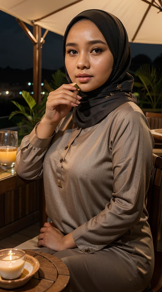 A beautiful woman wearing a hijab and Indonesian Muslim clothes, flat nose, slightly thick lips, slightly wide forehead, chubby cheeks, evening atmosphere, face illuminated by lights, drinking coffee, on the terrace of the house
