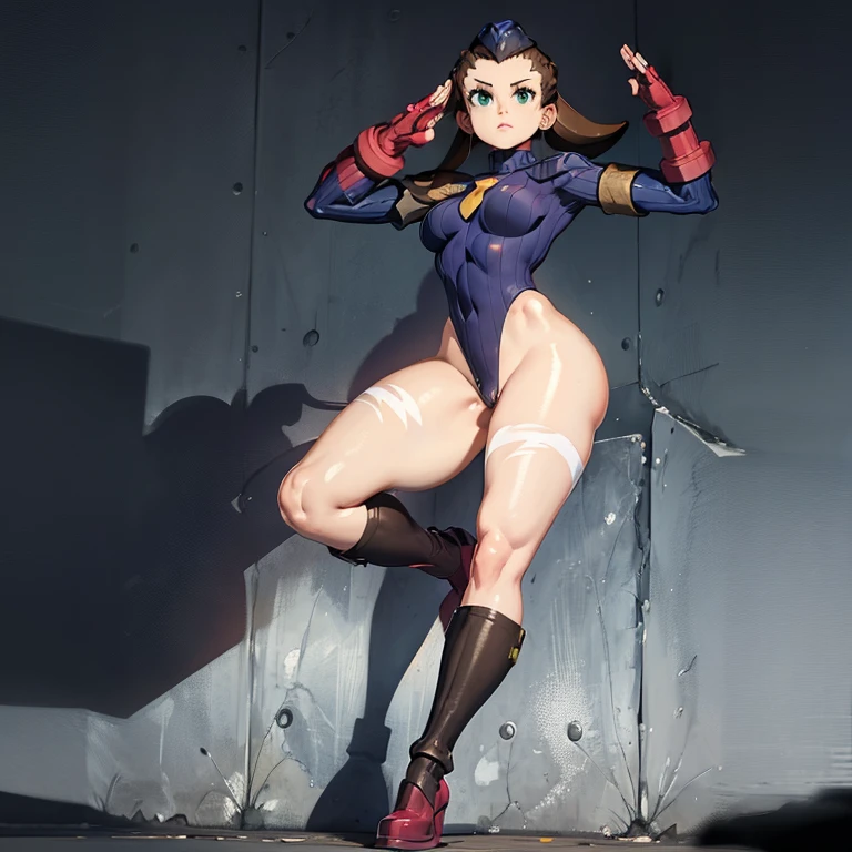 ultra-detailed, Explicit, Beautiful body, Beautiful Nose, Beautiful character design, perfect eyes, perfect face, ultra highres, 4K, beautiful legs, perfect legs, Nice hands, Perfect hand, Masterpiece, Best Quality, Highly detailed, illustration, absurdres, street fighter, doll suit, shadaloo doll, dollsuit, girls, multiple girls, expressionless, blank eyes, looking at viewer, red gloves, emotionless, black latex, corrution, mind control, female combatant, full body, hypnotized, unhappy trance, full body suit, ribbed bodysuit, both arms at side, stand up straight, obey, perfect female body, extremely glossy latex, hypnosis, hypnoLora, empty eyes, Mind control device, poses, brainwashed, submissive_pose, Slave, hat, necktie, stand up straight, standing, standing at attention, belt, extending the right arm from the shoulder into the air with a straightened hand, nazi saluting, military, military saluting, salute, right hand saluting, left hand at side, latex, garter belt, thighhighs, brown hair, Medium hair, green eyes, Tron Bonne, Mega Man Legends