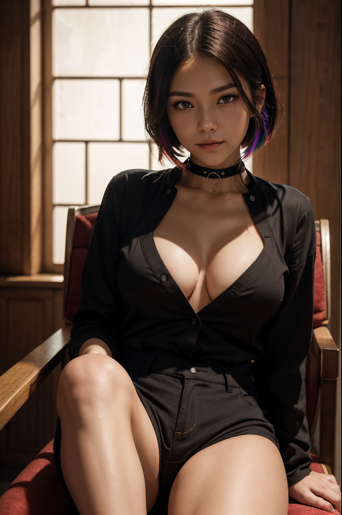 masutepiece, sexypose, Realistic, Very detailed, Handsome body, Detailed body, Detailed hand, Detailed, vibrating, Detailed face, A queen'character design. Very detailed, Detailed body, Detailed hand, Detailed face, Anime Art, the Extremely Detailed CG Unity 8K Wallpapers, Detailed light, Cinematic lighting, chromatic abberation, Glittering, deadpan, epic composition, dark in background, Very detailed, Detailed body, vibrating, Detailed face, foco nítido, Anime Art, vibrating, Detailed face, About Hugh, foco nítido, Very droopy face, A detailed eye, superfine illustration, better shadows, finely detail, Beautiful detailed glow, Beautiful detailed, Extremely detailed, deadpan, epic composition, Presented at Art Station, Octane Render, artstation hd, Cinematic, 4000., Hyper maximalist, Elegant, Japanese face, Oriental Japanese beauty, Best Quality, A queen, masutepiece, Best Quality, A queen, masutepiece, Best Quality, A queen, Purple eyes, multicolored hair, Choker, Purple jacket, See-through, Black shirt, Black shorts, Fingerless gloves, Sitting, a throne, Looking at Viewer, Smile, Head tilt, Red chair, Chiaroscuro, japanese architecture