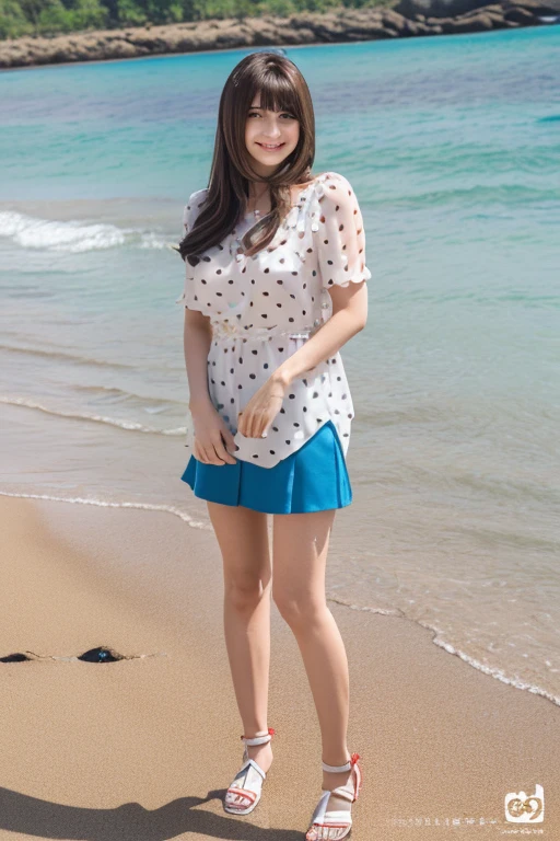 Innocent Japanese girl,High r
(detailed photo composition,standing tall on the sandy beach,FULL BODYSHOT,full body shot,Shot straight ahead,Standing)
(Detailed body,Small bust,Small,Constricted waist,Small chest,smallunderboob,big breasts thin waist,Thick thighs,Thick calf,He is wearing white sandals on his feet.)
(A detailed face,elongated facial contour,a little bit smile,Sharp cheeks,Round chin,neat nose)
(A detailed eye,Looking at the camera,skinny cheeks,Round chin,Slender eyes,Beautiful eyes,Dark blue eyes)
(Detailed hair,Bob cut hair,a little brown hair)
(detailed costume,Transparent white short-sleeved blouse with red polka dots,Fluttering red miniskirt,Navel Ejection)
(Detailed shooting location,beach,sand beach)