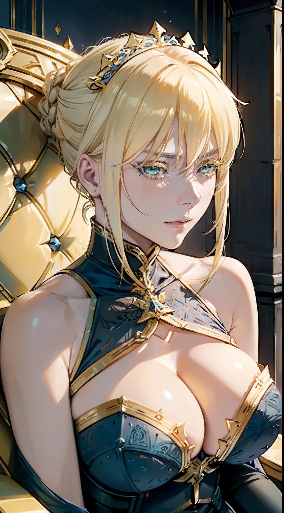 (Artoria Pendragon (Lancer) (fate)), adult female, elegant, braided bun, blonde, green eyes, (yellow eyelashes), huge breasts, bare shoulders, blue leotard, cleavage cutout, elegant face, throne room, portrait, high resolution, extremely detail 8k.