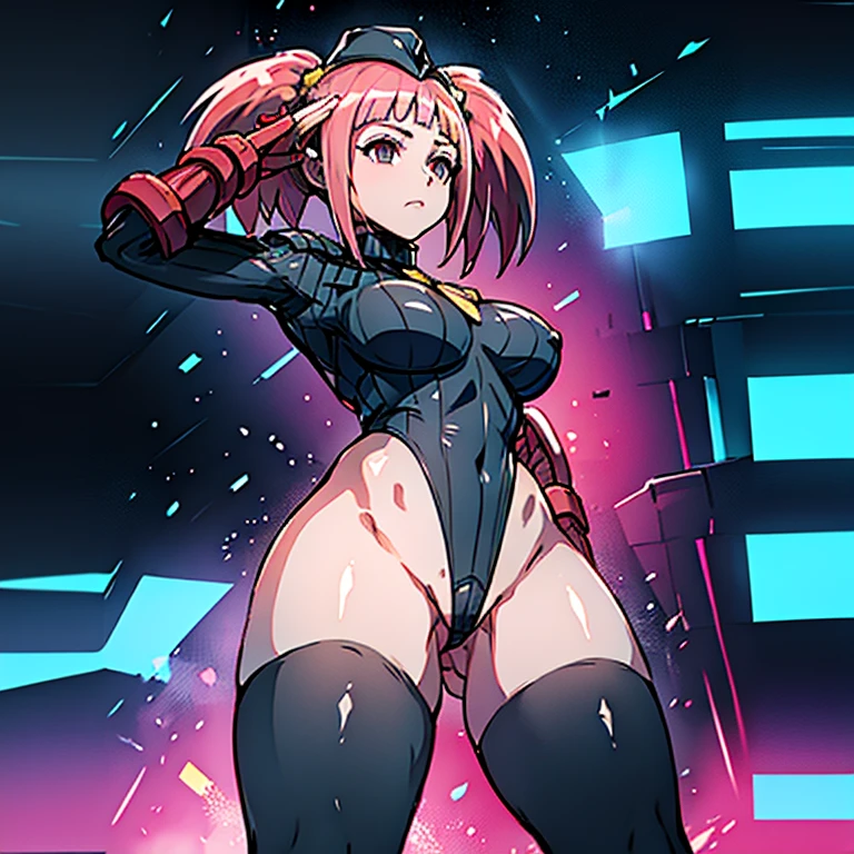 ultra-detailed, Explicit, Beautiful body, Beautiful Nose, Beautiful character design, perfect eyes, perfect face, ultra highres, 4K, beautiful legs, perfect legs, Nice hands, Perfect hand, Masterpiece, Best Quality, Highly detailed, illustration, absurdres, street fighter, doll suit, shadaloo doll, dollsuit, girls, multiple girls, expressionless, blank eyes, looking at viewer, red gloves, emotionless, black latex, corrution, mind control, female combatant, full body, hypnotized, unhappy trance, full body suit, ribbed bodysuit, both arms at side, stand up straight, obey, perfect female body, extremely glossy latex, hypnosis, hypnoLora, empty eyes, Mind control device, poses, brainwashed, submissive_pose, Slave, hat, necktie, stand up straight, standing, standing at attention, belt, extending the right arm from the shoulder into the air with a straightened hand, nazi saluting, military, military saluting, salute, right hand saluting, left hand at side, latex, garter belt, thighhighs, Pink hair, twin tails pink eyes, Zoe Drake, Tatsuno Malm, Dinosaur King