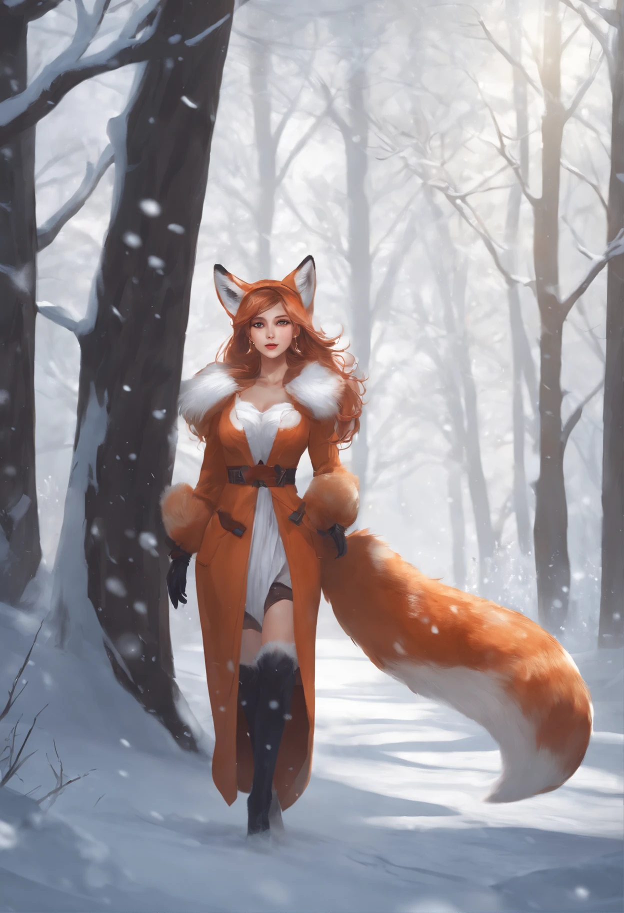 anime - style illustration of a woman in a fox costume, walking through a snowy forest, a beautiful fox lady, fanart best artstation, 8k high quality detailed art, trending on artstation pixiv, style artgerm, cushart krenz key art feminine, extremely detailed artgerm, commission for high res, alexandra fomina artstation