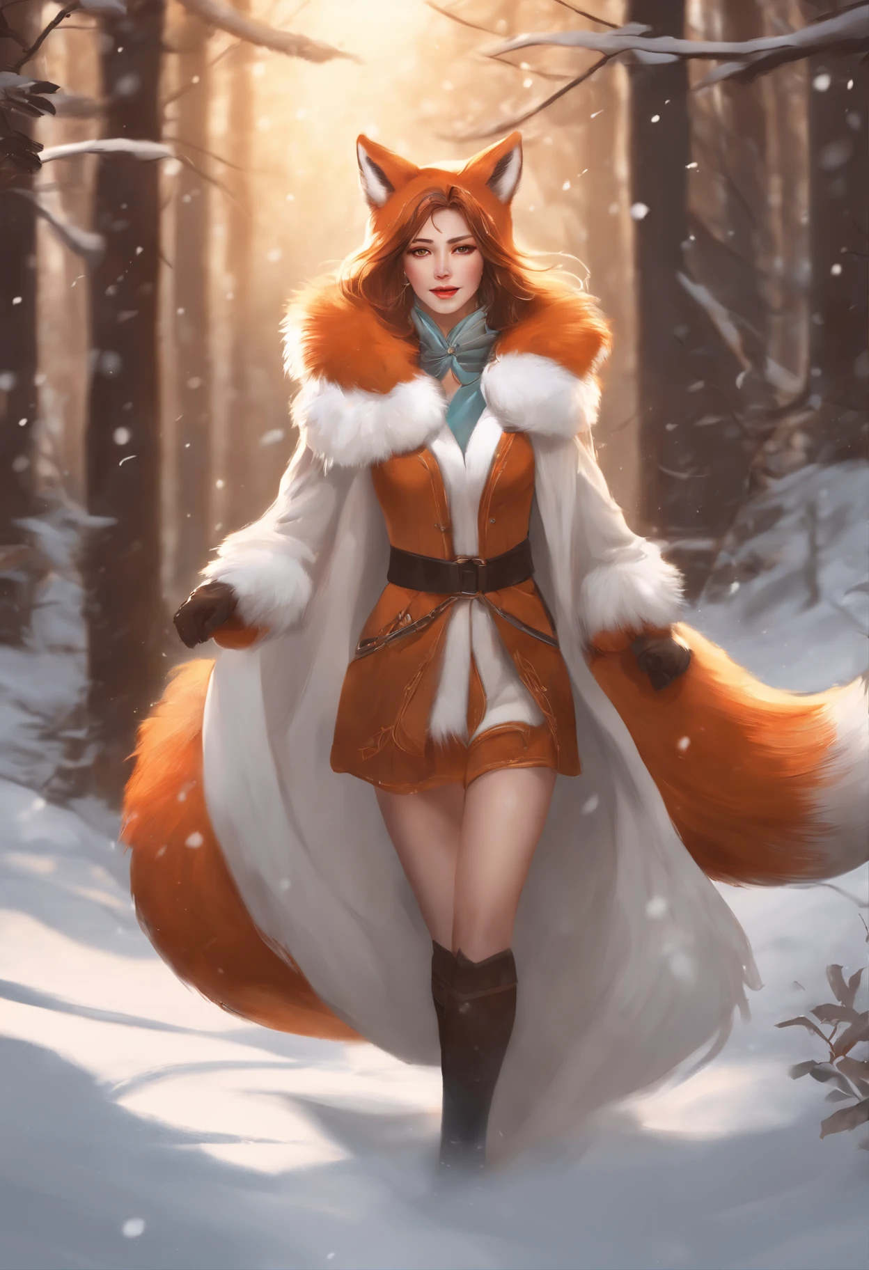 anime - style illustration of a woman in a fox costume, walking through a snowy forest, a beautiful fox lady, fanart best artstation, 8k high quality detailed art, trending on artstation pixiv, style artgerm, cushart krenz key art feminine, extremely detailed artgerm, commission for high res, alexandra fomina artstation