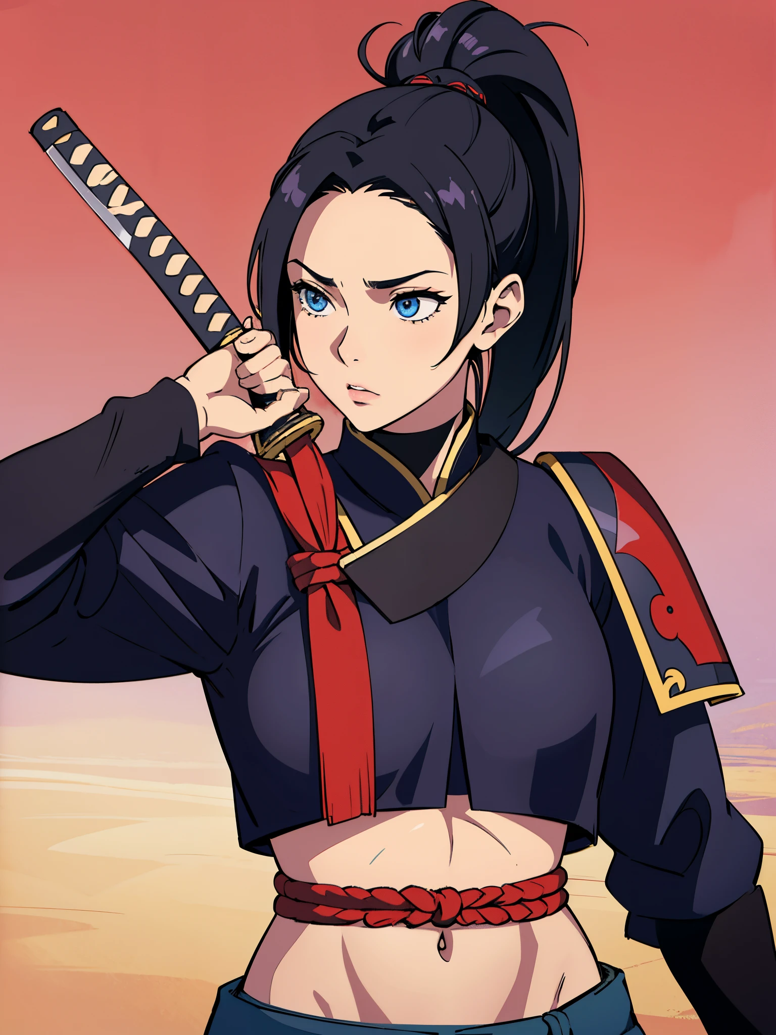 (Obra maestra), (La mejor calidad),20 year old samurai woman with black hair with katana and blue eyes., pony tail, alta calidad, Hi-Def, Vestimenta negra, Ultra calidad, obra maestra, Beautiful, cuerpo perfecto, hermosa, ojos definidos