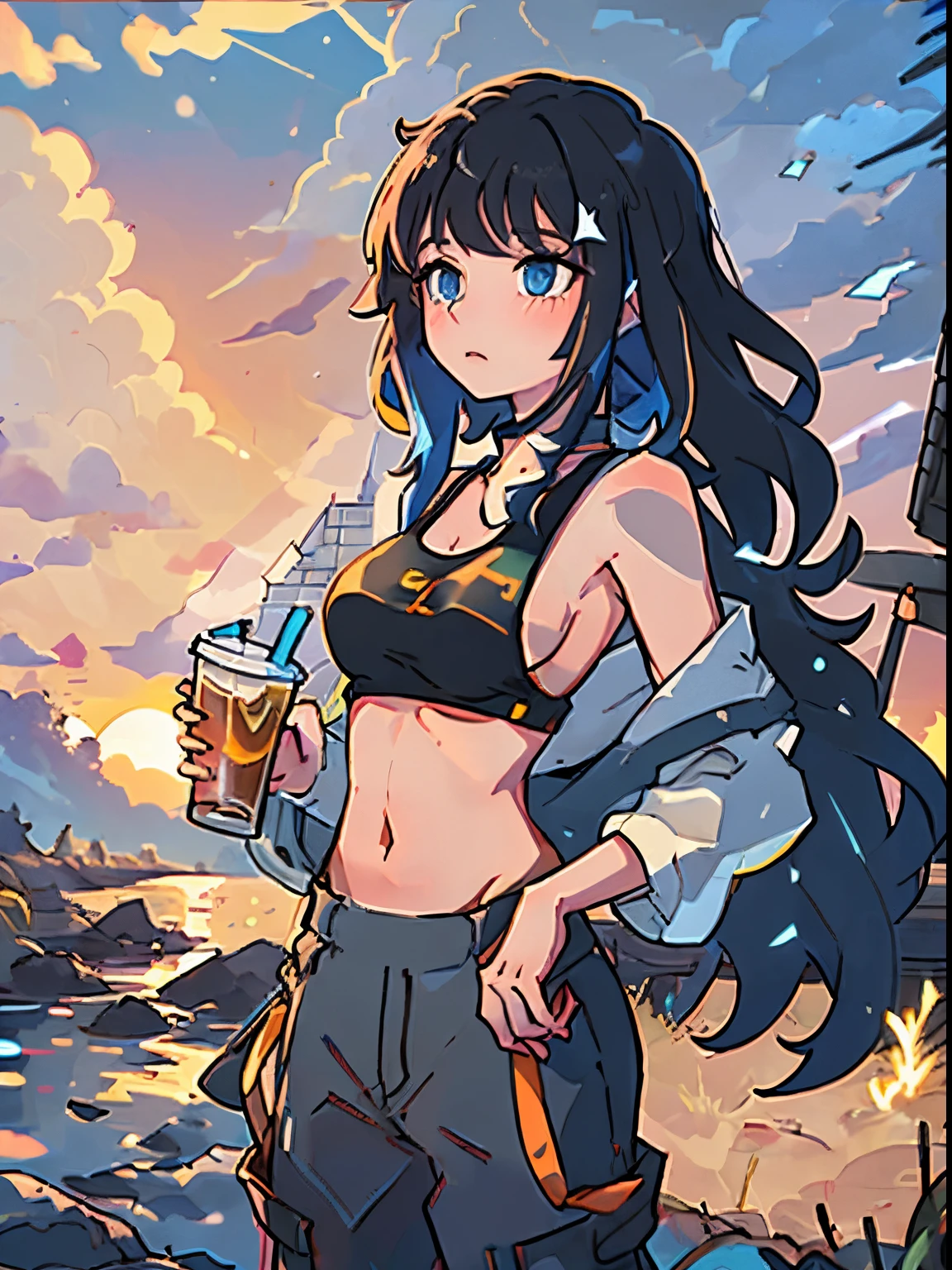 Focus on a girl with black medium-length hair.
Illustrate her standing alone by the riverbank, where the sunset is casting its warm glow.
Set the scene at the riverbank during sunset, with a warm color palette of yellow and orange hues.
Create a tranquil and beautiful atmosphere with the soft light and shadows of the setting sun.
Highlight the girl's blue eyes.
Depict the subtle loneliness in her gaze as she holds a beverage.
Describe the girl wearing a cool tank top and cargo pants.
Show her sideboob.
Emphasize how her attire adds to her comfort and coolness in the evening sunlight.