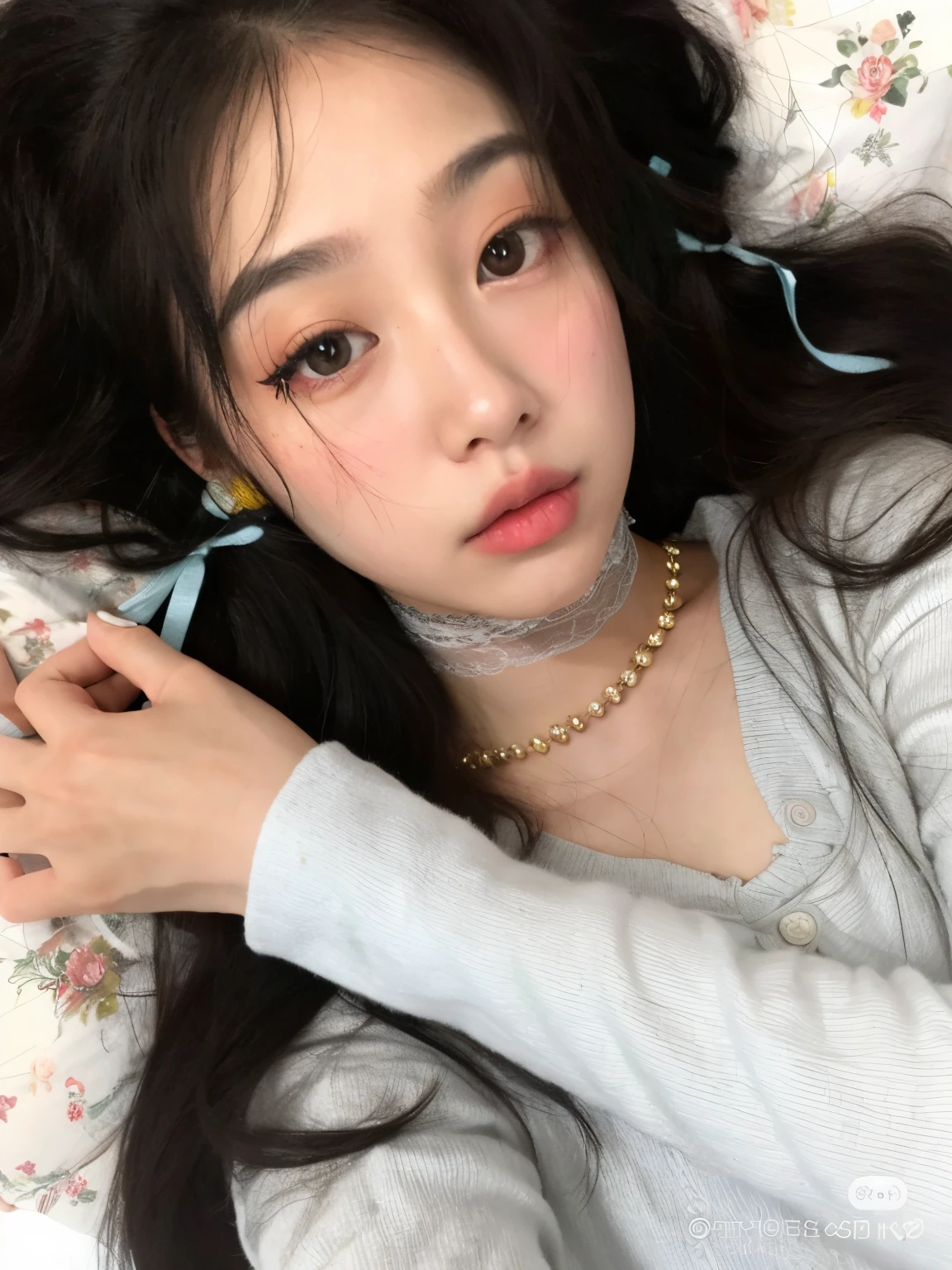un primer plano de una mujer acostada en una cama con un control remoto, ulzzang, Joven y adorable rostro coreano, Chica coreana, cruel korean goth girl, maquillaje popular de Corea del Sur, young cute wan asian face, maquillaje coreano popular, Wan adorable cara coreana, beautiful asian girl, Cara linda clara, chica linda-fina-cara, Hermosa joven coreana, Rasgos de la cara coreana