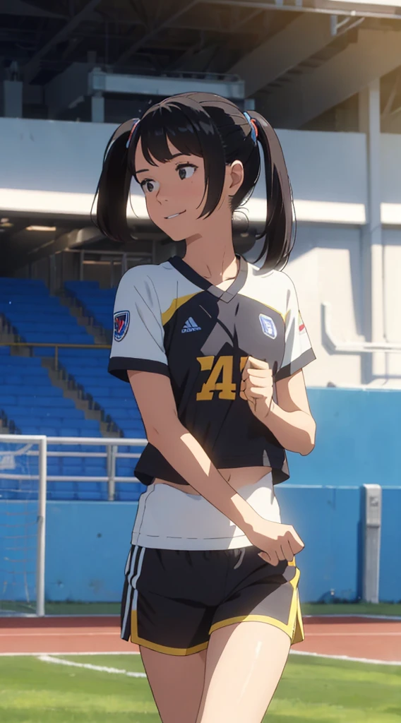 an 18 year old girl、pony tails、quality、masterpiece、超高分辨率、(真实感:1.4)、The is very detailed、Professional lighting smile、play soccer、stadio、Skinny sticky crop top and shorts、kawaii、perspired、Positive、Sano --auto