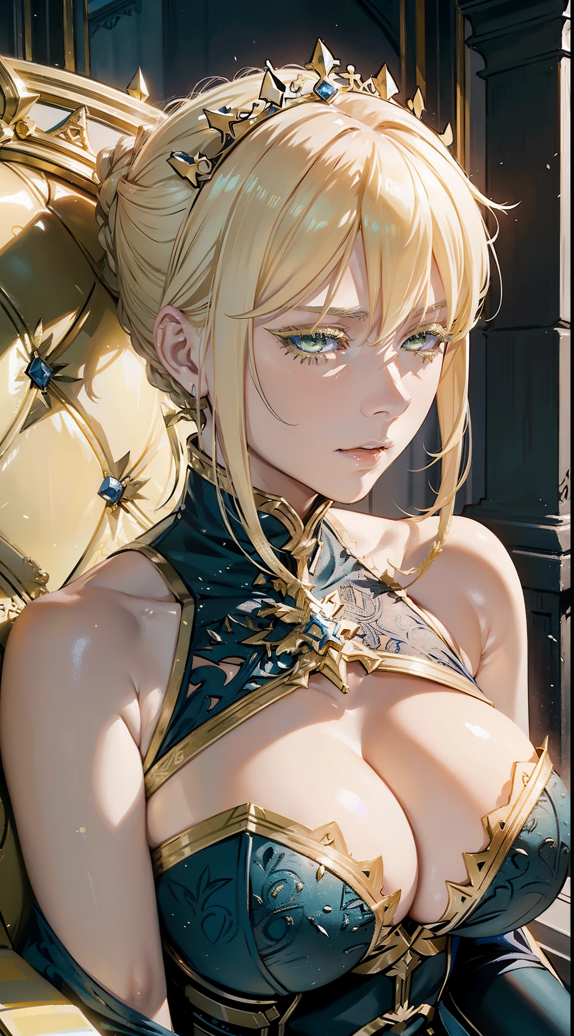 (Artoria Pendragon (Lancer) (fate)),  adult female, elegant, braided bun, blonde, green eyes, (yellow eyelashes), huge breasts, bare shoulders, blue leotard, cleavage cutout, elegant face, throne room, portrait, high resolution, extremely detail 8k.