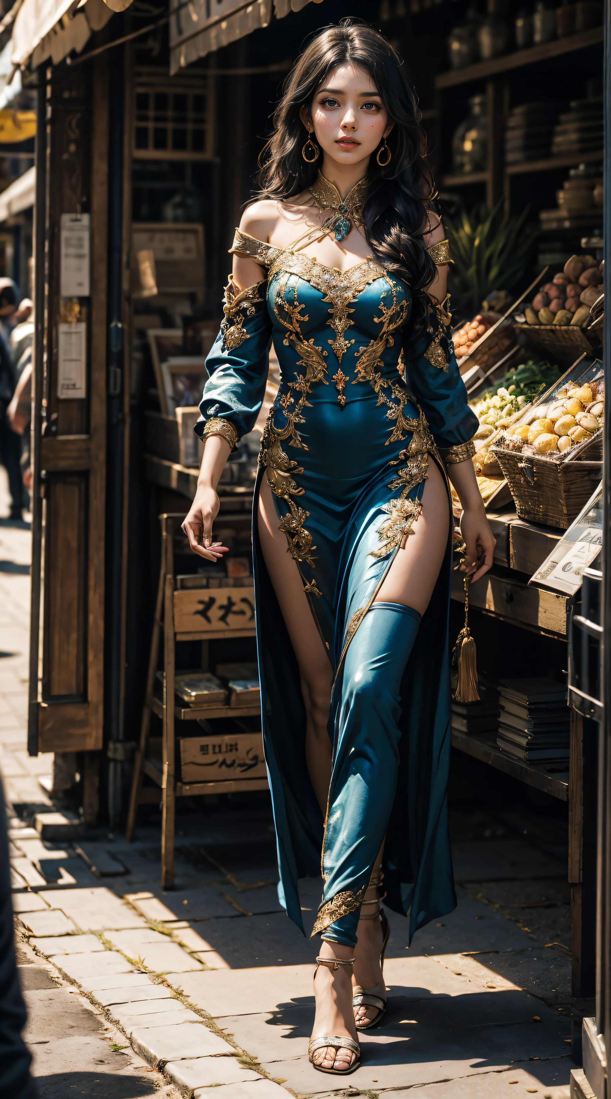 full body beautiful arabian princess in a bright colorful airy dress walking in an arabian market long black hair realistic skin texture bright colors meticulously crafted textures oriental feel cinematic realistic
