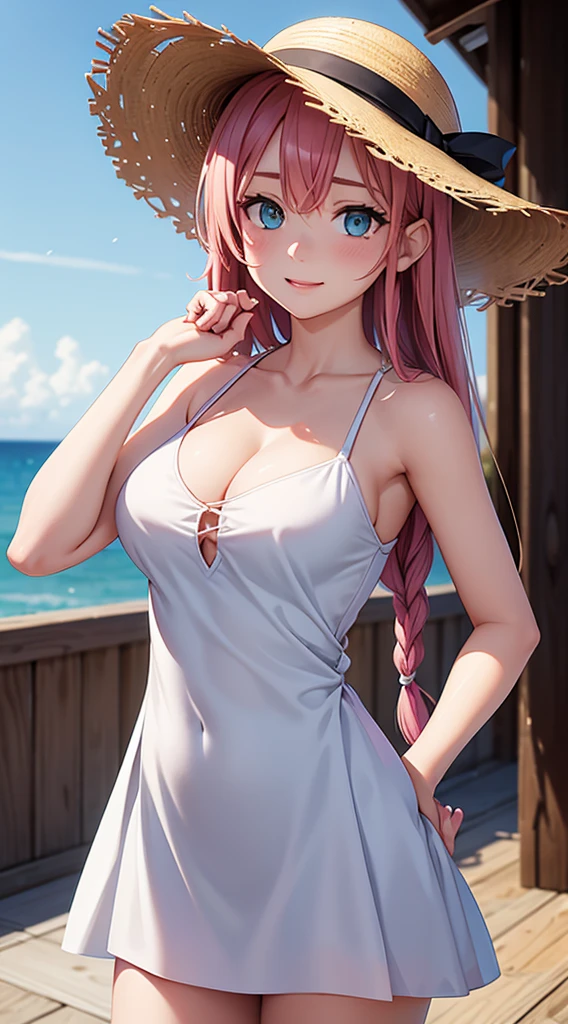 (masterpiece,derailed,8k HDR,hires,best quality:1.4),beautiful sea,on beach,cinematic lighting,face lighting,1girl,Yuuki Asuna_(Sword Art Online),good anatomy,better hands,cowboy shot,detailed skin,beautiful skin,wet and grossy skin,pink hair,very long hair,side braids,detailed face,very very young,very very pretty face,detailed eyes,green eyes,sparkring eyes,droopy eyes,double eyelids,(eye bags:1.3),detailed nose,(happy:1.3),(half-open eyes),white sleeveless resort dress,straw hat,large breast,cleavage,arm up,hand on hip,