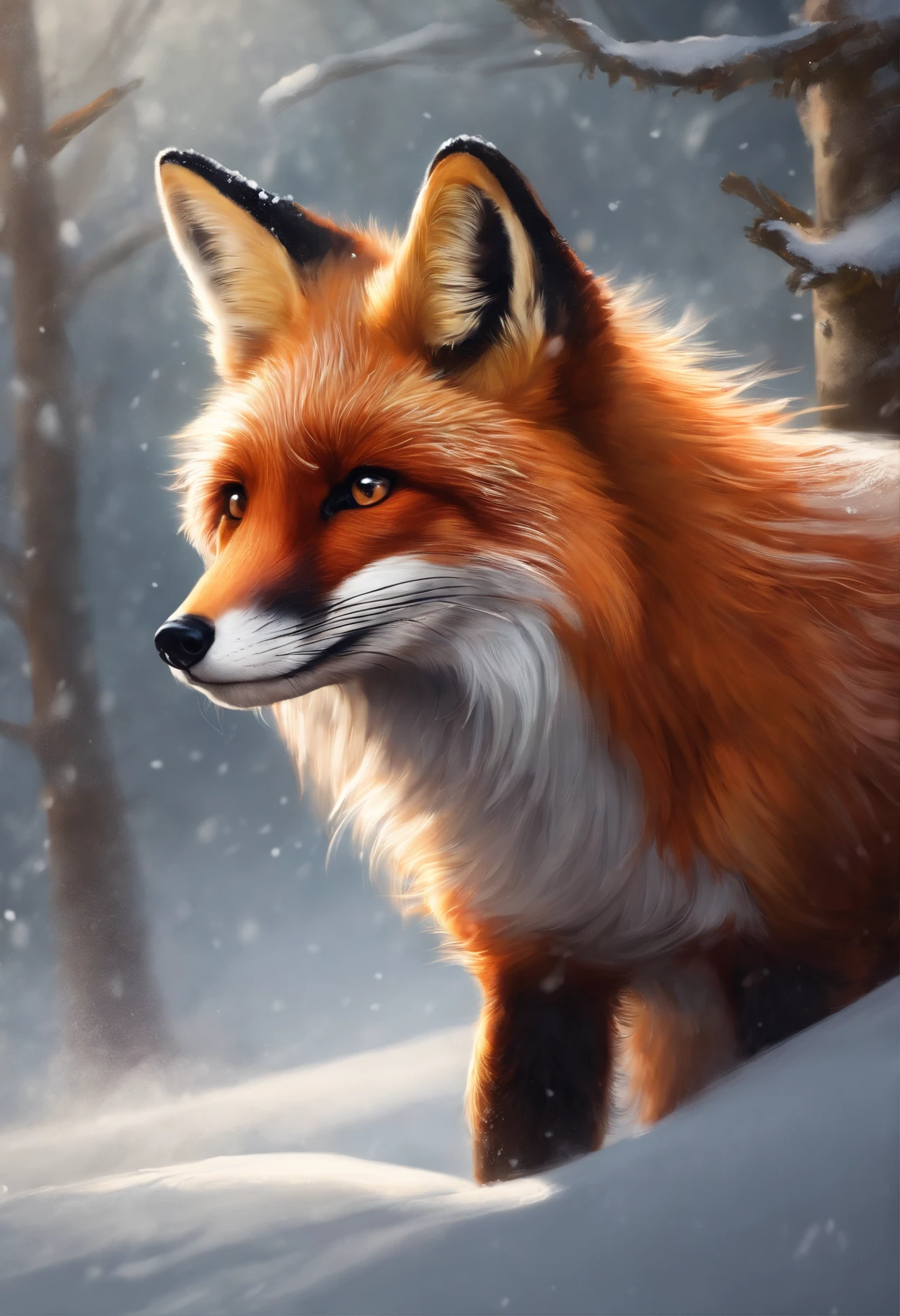 a red fox with a red wing stands in the snow, Trehhvostaya fox, fantasy fox love, furry fantasy art, ethereal fox, Kitsune three-tailed fox, realistic fantasy illustration, art of silverfox, very very beautiful furry art, an anthropomorphic fox, realistic fantasy painting, an anthropomorphic fox, mythical creature