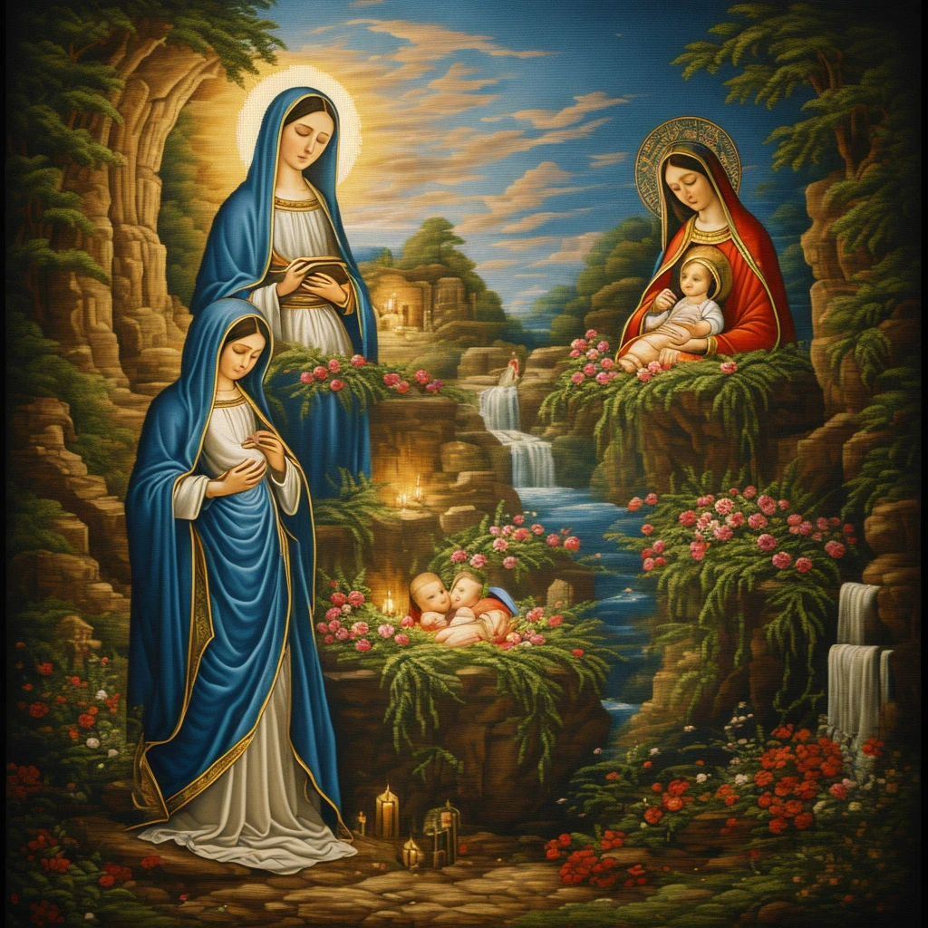 cross-stitch painting of the Virgin Mary, there is a cradle with a baby next to the Virgin Mary, dark background of the grotto, cross-stitch style