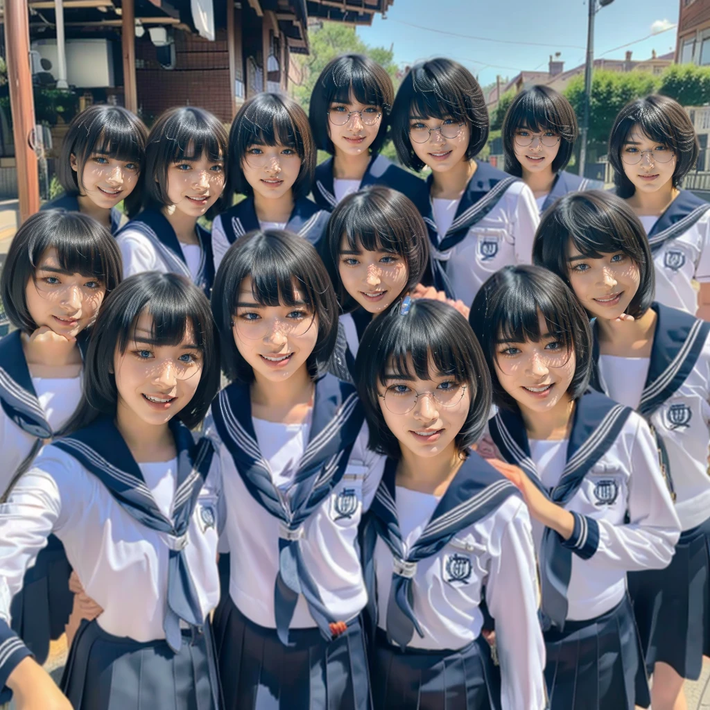 Raw photo、(((multiple girls))),((((6+girls)))),((((100girls)))),(((1000girls)))、((((100 Girls))))、Women only、The same face、matching school uniform、6years old、A dark-haired、100 cute girls going to school、a smile、Commuting to school、School route、In the street、selfee、same person、(((Large group)))、