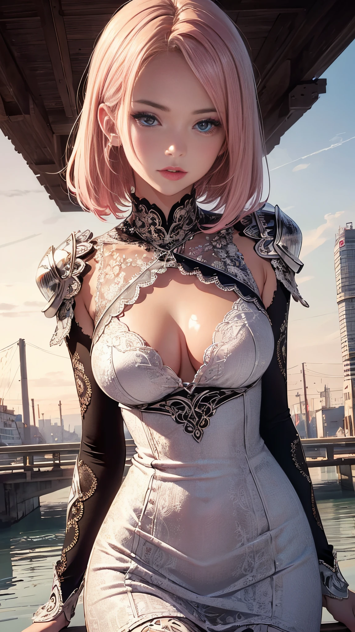 Realistic, Hyper Detail, Girls only, Layered Bob, Dynamic lighting, ((Bold imaginative poses)), (Glossy skin: 1.5), masutepiece, of the highest quality, absurdity, Watching Viewer, (blonde and pink hair), deep purple clear eye beautiful, Detailed eyes, Eyes Like Gems, Sparkling eyes:1.3)), slender, High resolution, Sharp Focus, depth of fields, Detail Eyes, Sharp eyes, (Realistic eyes)), Outdoors, Sunrise sky, (Attractive delicate design river trimmed lace dress, (Dressed in silver armor with intricate patterns): 1.3))