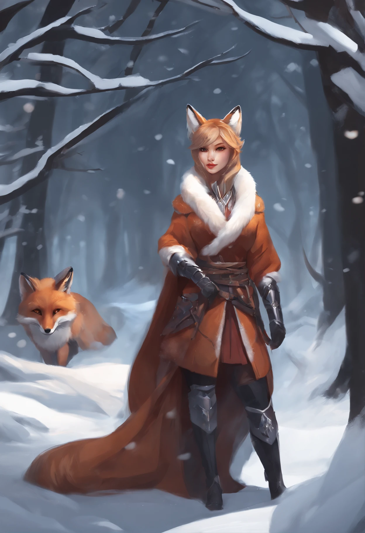 anime - style illustration of a woman and a fox in a snowy forest, a beautiful fox lady, fox nobushi, art of silverfox, Armor dress, Inspired by Kitsune, furry fantasy art, artgerm and atey ghailan, alena aenami and artgerm, fantasy fox love, Winter concept art, an anthro fox, very very beautiful furry art