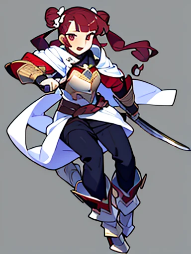 (((8k,Best Quality)), Masterpiece, girl, holding sword, dynamic pose, gauntlet, looking at viewer, armor, variety of hairstyles, variety of hairstyles, solo, twin-tail hair style, pony-tail hair, wavy long hair, braid, parted bangs, high ponytail, low ponytail, big hair, cornrows, hair bun, hair rings, half updo hairstyle, diagonal bangs, two side up hair, flipped hair, blunt bangs, white cloth, full body, simple background,