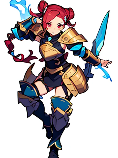 (((8k,Best Quality)), Masterpiece, girl, holding sword, dynamic pose, gauntlet, looking at viewer, armor, variety of hairstyles, variety of hairstyles, solo, twin-tail hair style, pony-tail hair, wavy long hair, braid, parted bangs, high ponytail, low ponytail, big hair, cornrows, hair bun, hair rings, half updo hairstyle, diagonal bangs, two side up hair, flipped hair, blunt bangs, white cloth, full body, simple background,