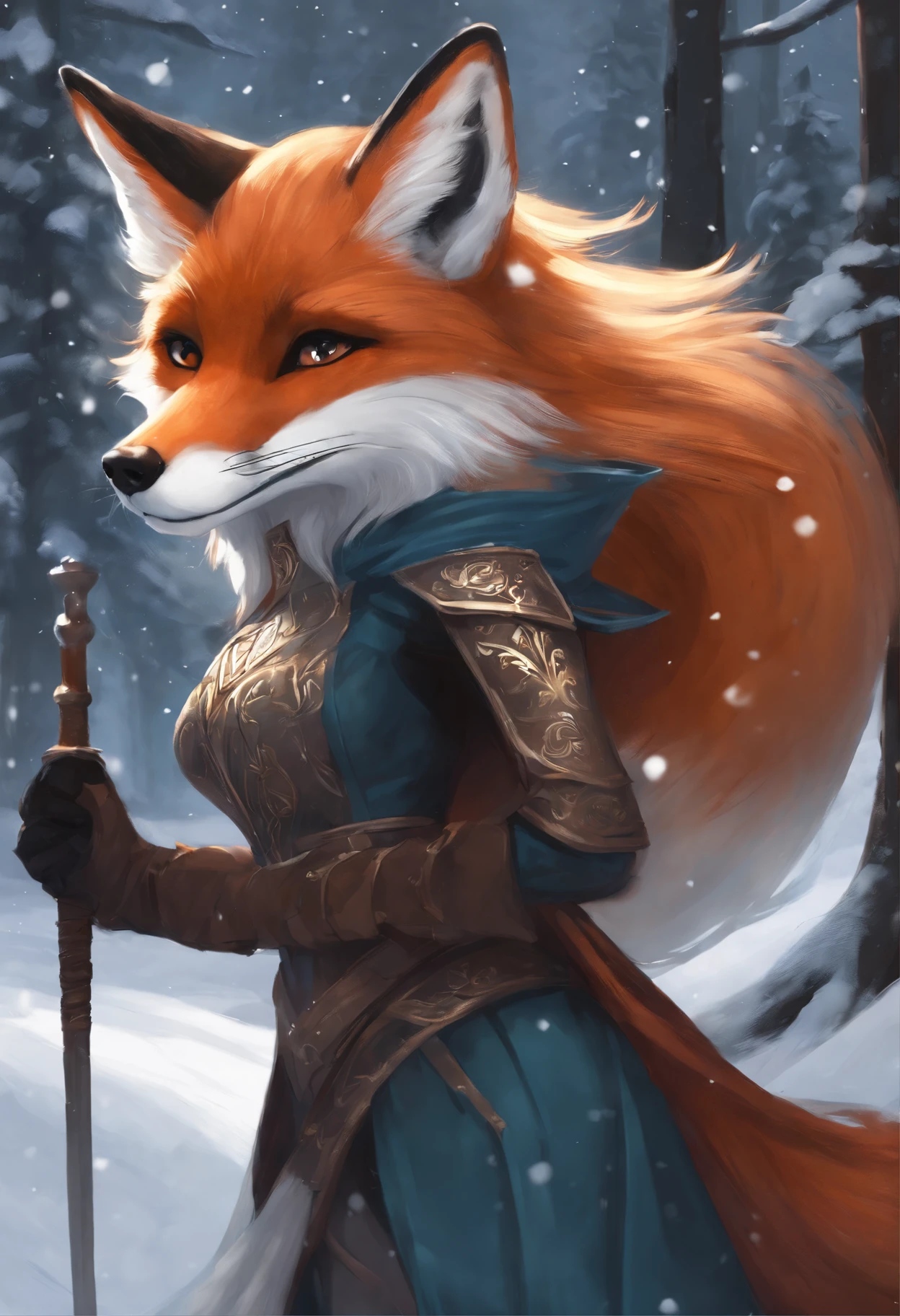 anime - style illustration of a woman and a fox in a snowy forest, a beautiful fox lady, fox nobushi, art of silverfox, Armor dress, Inspired by Kitsune, furry fantasy art, artgerm and atey ghailan, alena aenami and artgerm, fantasy fox love, Winter concept art, an anthro fox, very very beautiful furry art