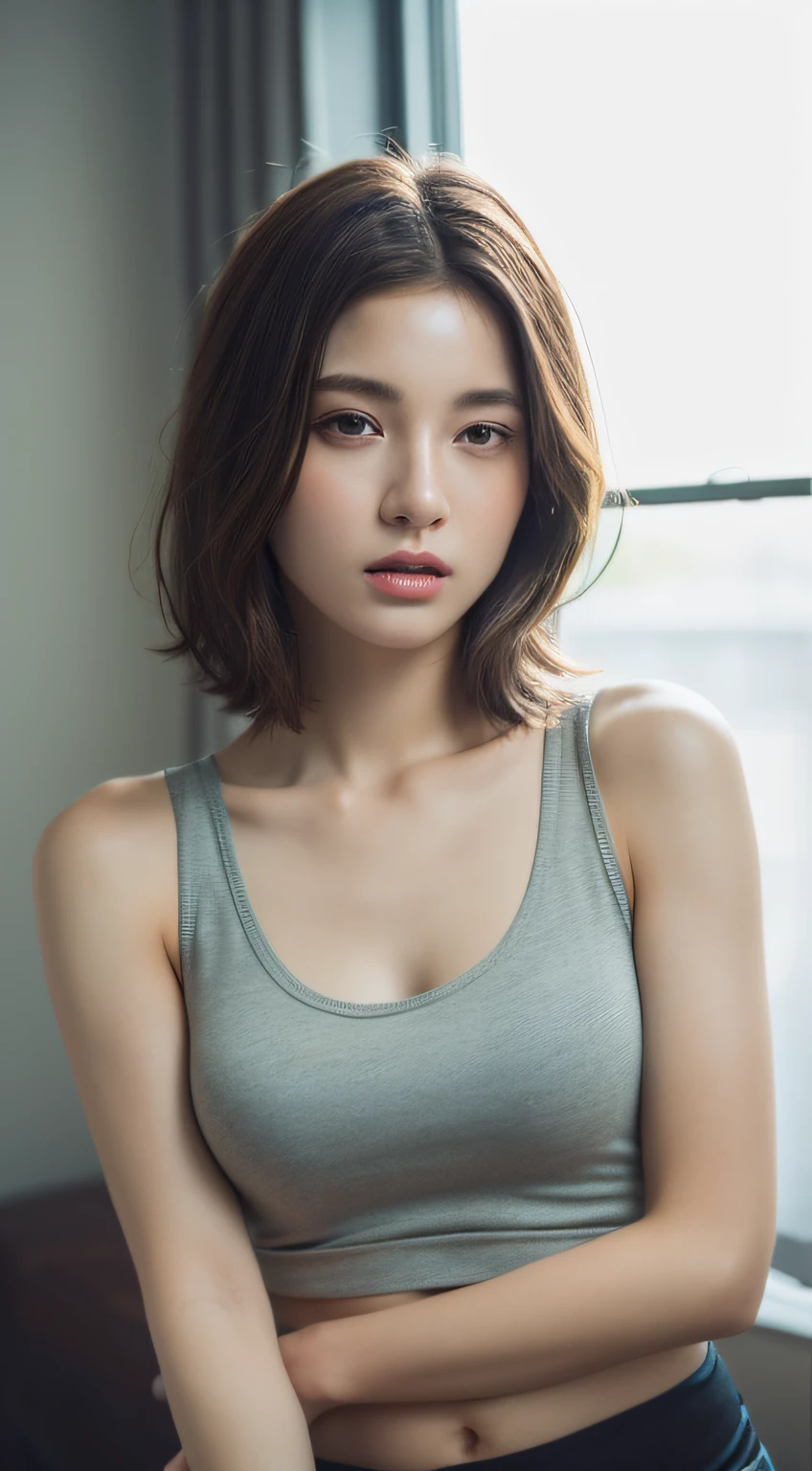 ((Realistic lighting, Best quality, 8K, Masterpiece: 1.3)), Clear focus: 1.2, 1girl, Perfect Figure: 1.4, Slim Abs: 1.1, ((Dark brown hair)), (tank top, very low cut: 1.3), (Indoors, bedroom: 1.1), bedroom environment, playing with hair, Super fine face, Fine eyes, Double eyelids