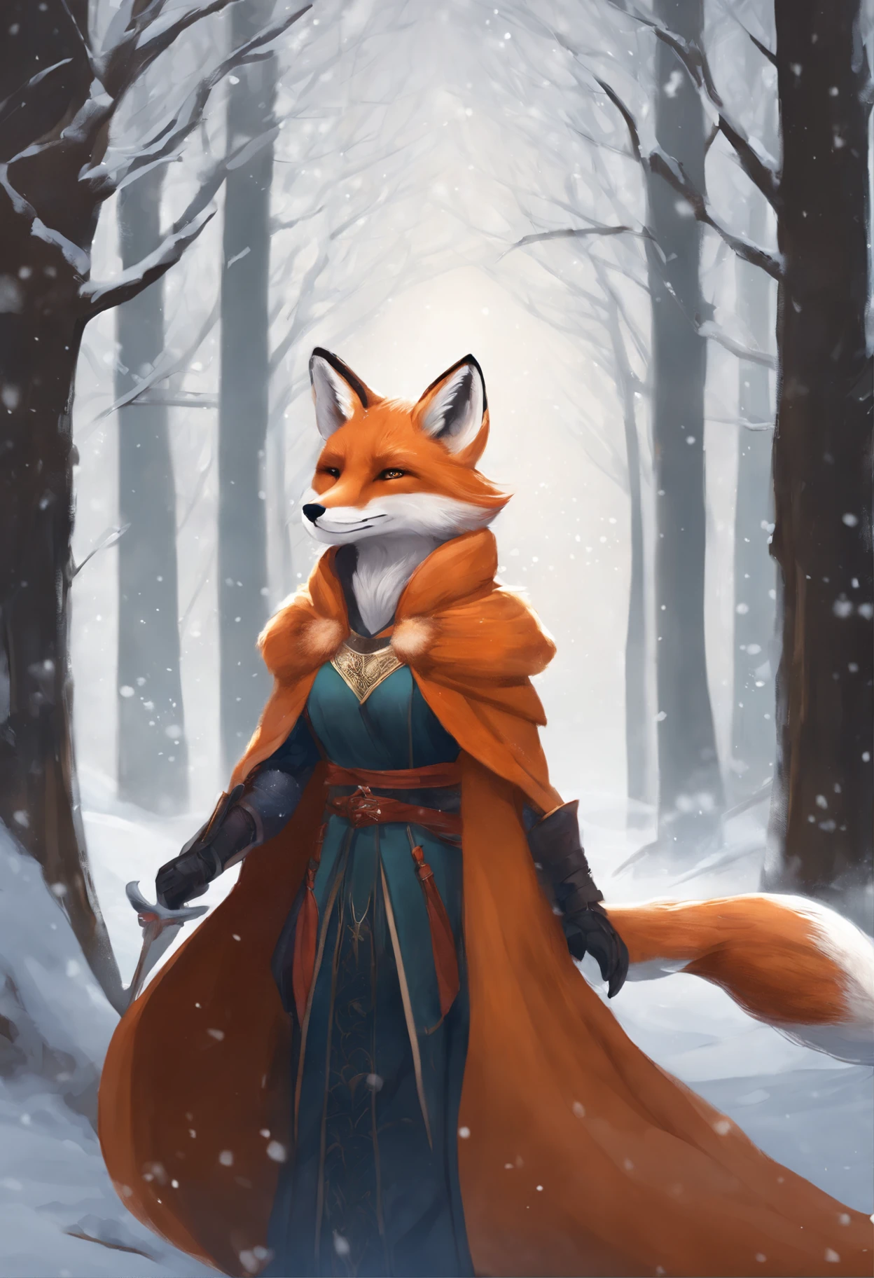 anime - style illustration of a woman and a fox in a snowy forest, a beautiful fox lady, fox nobushi, art of silverfox, Armor dress, Inspired by Kitsune, furry fantasy art, artgerm and atey ghailan, alena aenami and artgerm, fantasy fox love, Winter concept art, an anthro fox, very very beautiful furry art