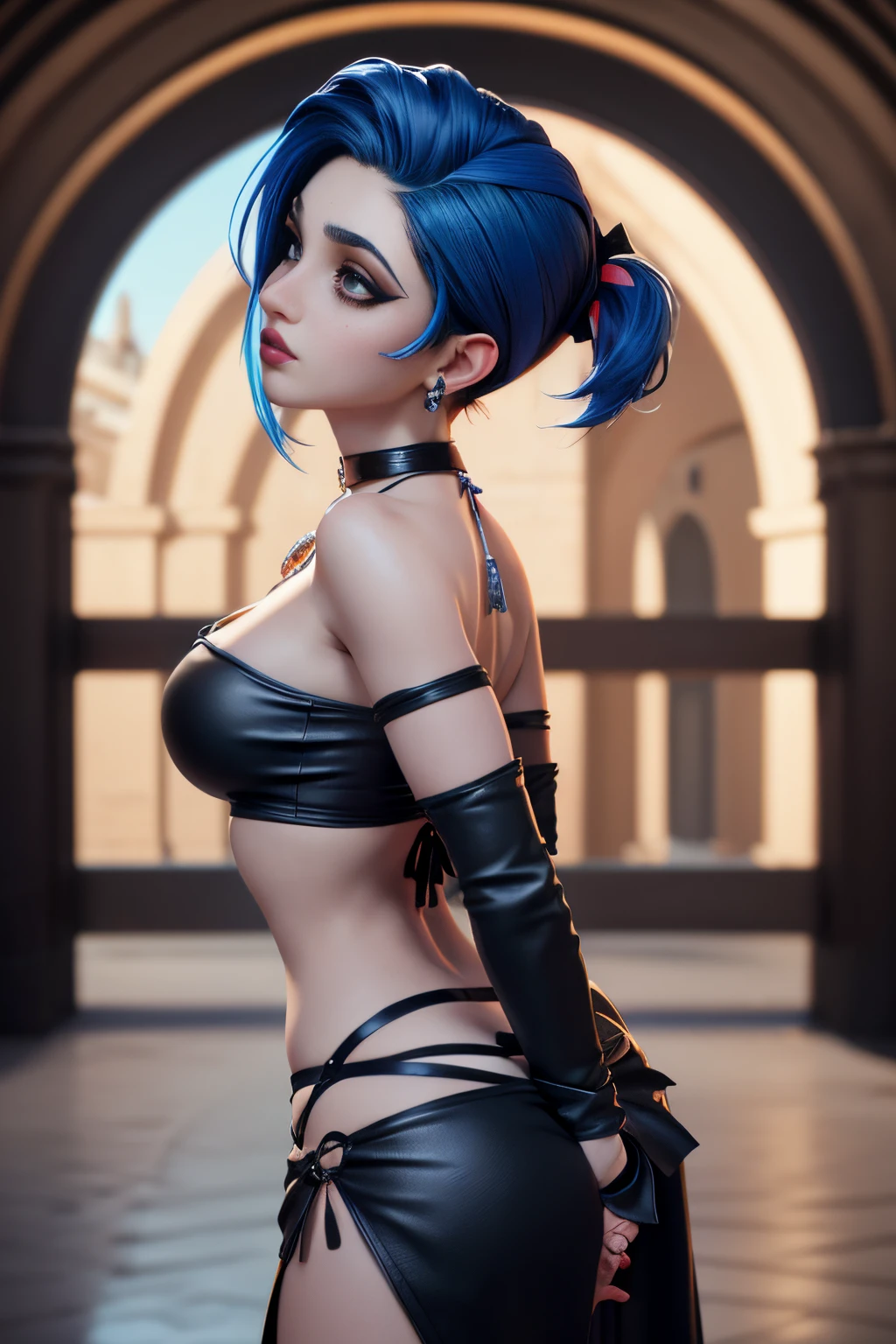 masterpiece, best quality,3d rending work ,3DMM style,close-up,portrait, 3D,1girl, solo, multicolored hair, blue hair, black hair, necklace, freckles, jewelry, two-tone hair, looking to the side, realistic, upper body, background, bangs, looking away, short hair, parted lips, black eyes, lips, gothic, choker, makeup, mole, bikini, (arched back, Appearance from behind:1.7)
