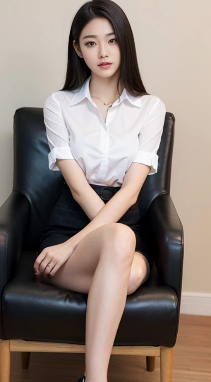 A woman with the same face as last time,4K、An early 50s Asian woman wearing a white shirt and a black chair, Realistic Young Gravure Idol, Realistic gravure idol, gorgeous chinese model, Beautiful Asian Girl, Young gravure idols, Japanese Models, Asian Girl, Korean Girl, goddess of Japan, Very beautiful long slim legs, asian hyperdetailed, Very beautiful slim legs
