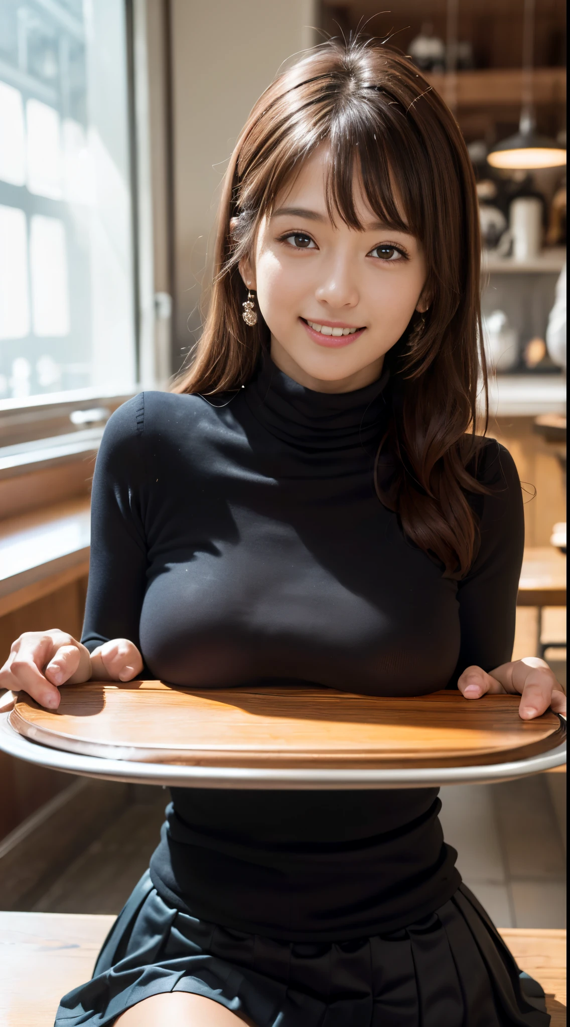 (Best Quality, Masterpiece, Photo realistic, Ultra Detailed, ultra high res, raw:1.3), (1girl, pretty, Japanese), (smile), (turtleneck sweater), (breasts on tray, round tray, sliver tray), mini-skirt, cafe, bangs,