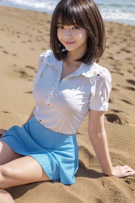 Innocent Japanese girl,High ager
(detailed photo composition,standing tall on the sandy beach,FULL BODYSHOT,full body shot,Shot straight ahead,Standing)
(Detailed body,Small bust,Small,Constricted waist,Small chest,smallunderboob,big breasts thin waist,Thick thighs,Thick calf,He is wearing white sandals on his feet.)
(A detailed face,elongated facial contour,a little bit smile,Sharp cheeks,Round chin,neat nose)
(A detailed eye,Looking at the camera,skinny cheeks,Round chin,Slender eyes,Beautiful eyes,Dark blue eyes)
(Detailed hair,Bob cut hair,a little brown hair)
(detailed costume,Transparent white short-sleeved blouse with red polka dots,Red mini skirt,Navel Ejection)
(Detailed shooting location,beach,sand beach)