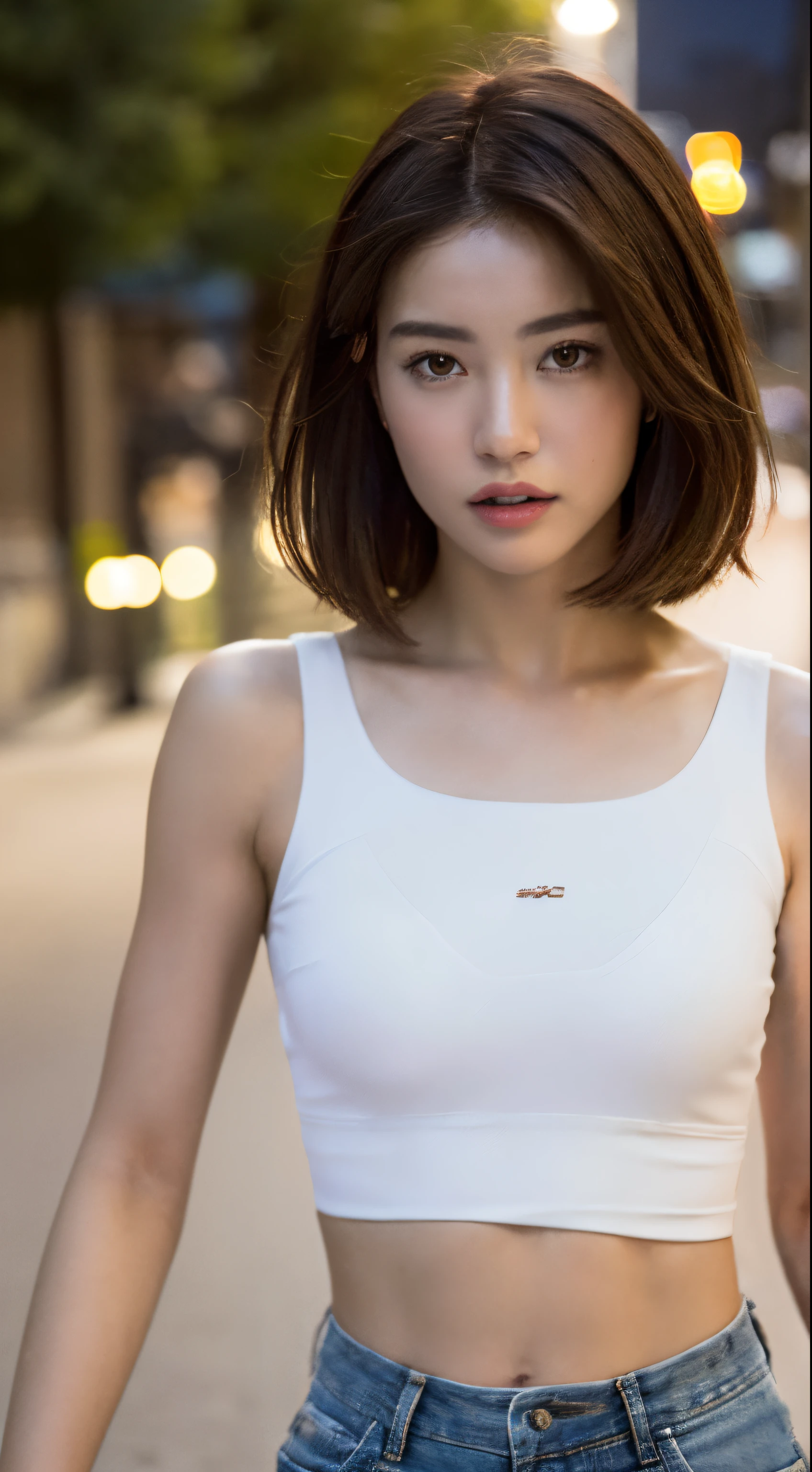 ((Realistic lighting, Best quality, 8K, Masterpiece: 1.3)), Clear focus: 1.2, 1girl, Perfect Figure: 1.4, Slim Abs: 1.1, ((Dark brown hair)), (White crop top: 1.4), (Outdoor, Night: 1.1), City streets, Super fine face, Fine eyes, Double eyelids,