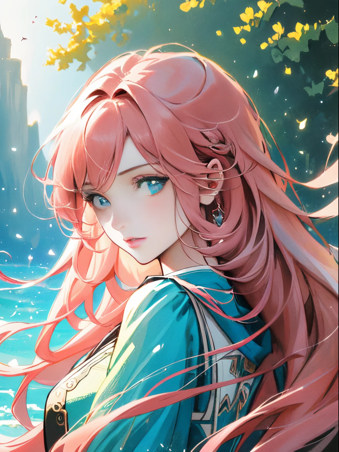 Anime girl with pink hair taking photo, Gewirtz style artwork, Gewirtz, a beautiful anime portrait, pink girl, Long flowing pink hair, Cute realistic portrait, fantasy art style, The upper part of the body, A beautiful anime style inspired by Cheng Jiwa-kun, style of anime. 8K, Beauvot Art Style, CG station popular 8K, The background is the sea