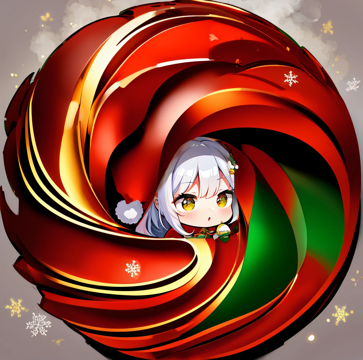 masterpiece, A Christmas wreath made of shiny golden cranes, shiny silver vines, and green vines, decorated with snowflakes, chibi character, super deformed, Santa Claus peeking through the gap in the middle, Christmas bell, a chimney, and smoke coming from the chimney, background starry sky
