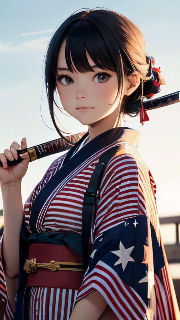 American girl, wearing american stars and stripes kimono, holding a katana sword