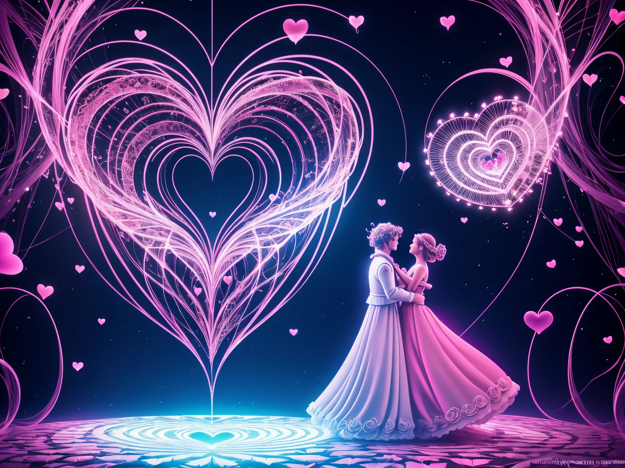 Open a dimensional gateway where Cupid stands, surrounded by floating 3D hearts and roses, as lovers pass through a portal of swirling fractal energies that connect hearts across realms.
