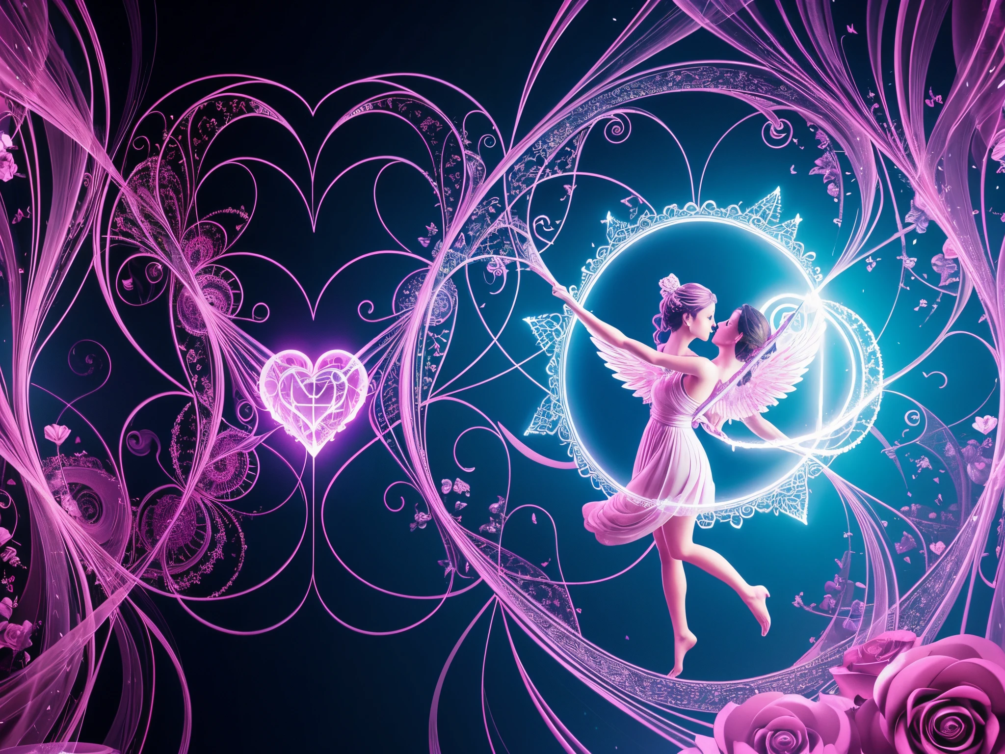 Open a dimensional gateway where Cupid stands, surrounded by floating 3D hearts and roses, as lovers pass through a portal of swirling fractal energies that connect hearts across realms.