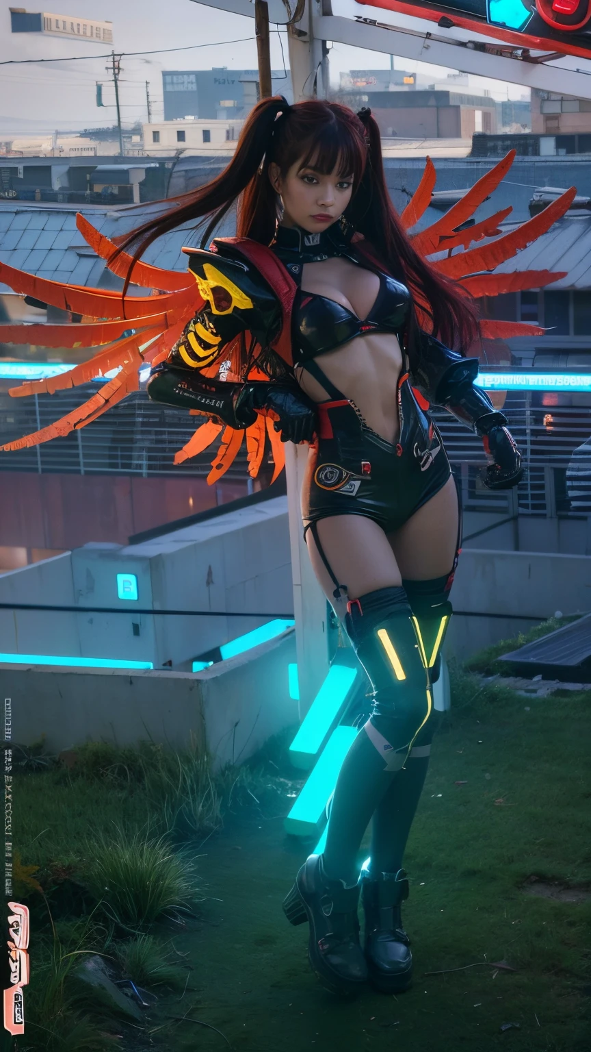 Red hair with tattered twin tails, young beautiful girl, pretty face serious, bright red and yellow cyber wings, dark red cyberpunk future suit, underboob, city background