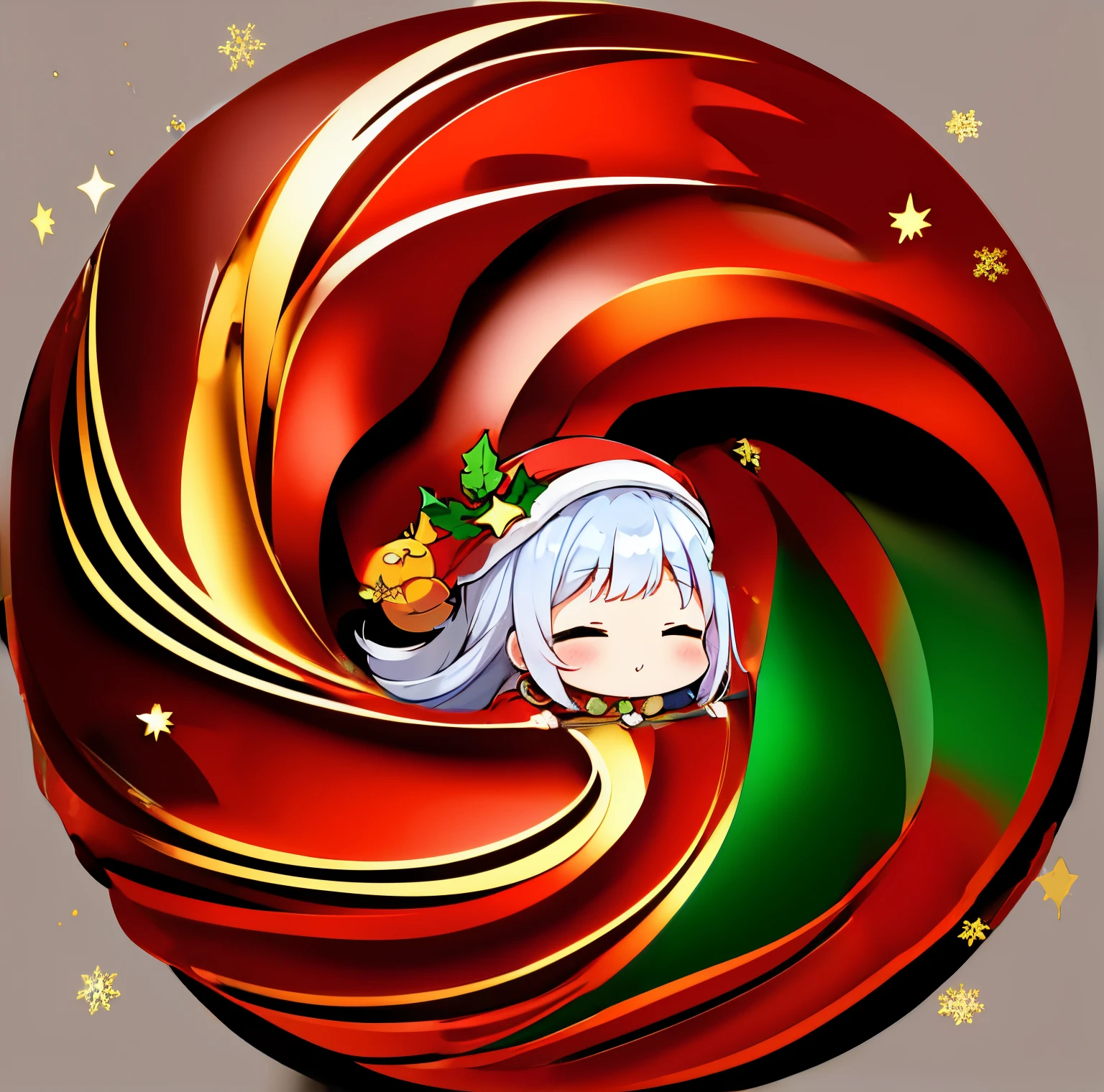 A Christmas wreath made of shiny golden cranes, shiny silver vines, and green vines, decorated with snowflakes, chibi character, super deformed, Santa Claus peeking through the gap in the middle, a chimney, and smoke coming from the chimney, background night, star