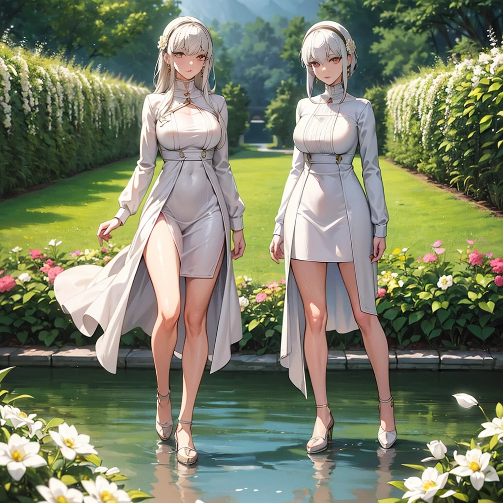 Upstyle(masutepiece, Best Quality), (Fractal Art:1.3), (1girl in), Rich, White hair, white hair ornament, White earrings, Detailed whites of the eyes, Detailed white clothes, Highly detailed, Cinematic lighting, Intricate details, (Specular Light:1.5), Colorful, blazing, shiny, depth of fields, white blossoms, garden, Reflection pool, Whitebridge, Full body