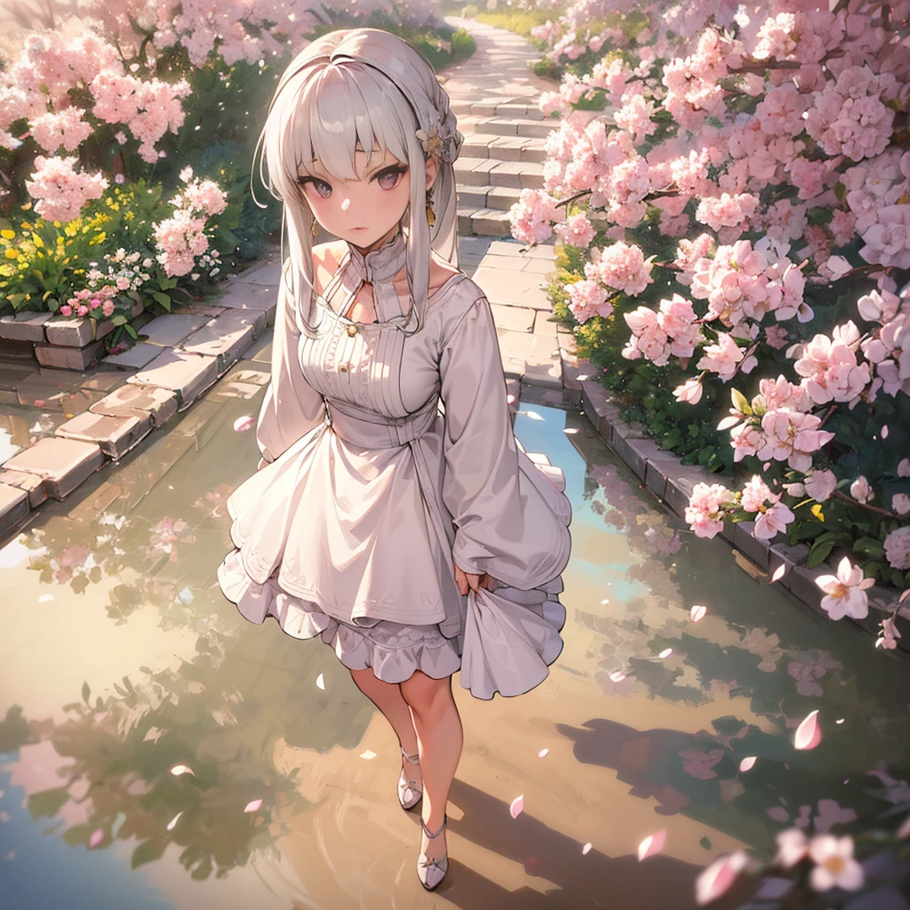 Upstyle(masutepiece, Best Quality), (Fractal Art:1.3), (1girl in), Rich, White hair, white hair ornament, White earrings, Detailed whites of the eyes, Detailed white clothes, Highly detailed, Cinematic lighting, Intricate details, (Specular Light:1.5), Colorful, blazing, shiny, depth of fields, white blossoms, garden, Reflection pool, Whitebridge, Full body