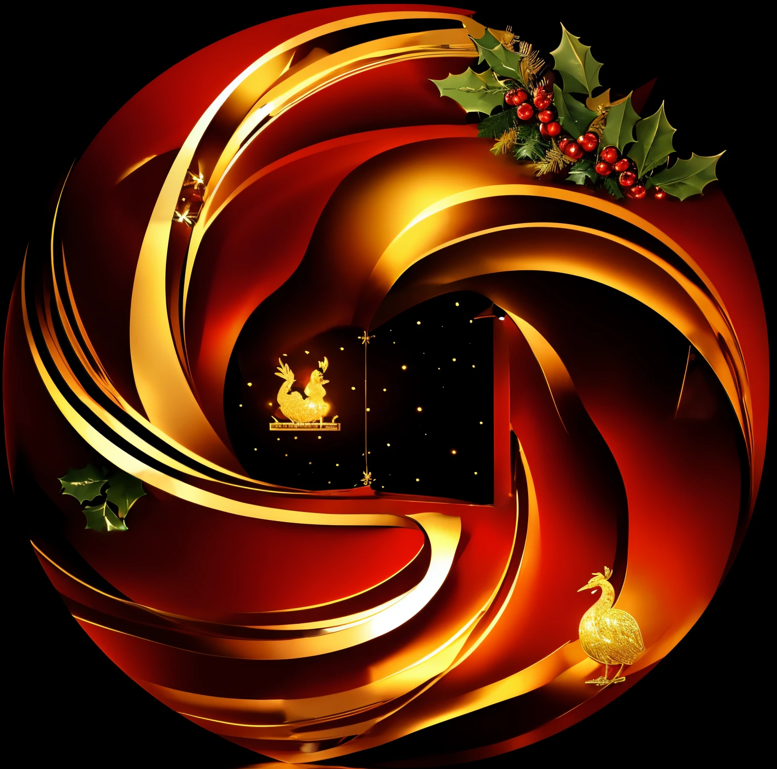 A Christmas wreath made of shiny golden cranes, shiny silver vines, and green vines, decorated with snowflakes, chibi character, super deformed, Santa Claus peeking through the gap in the middle, a chimney, and smoke coming from the chimney