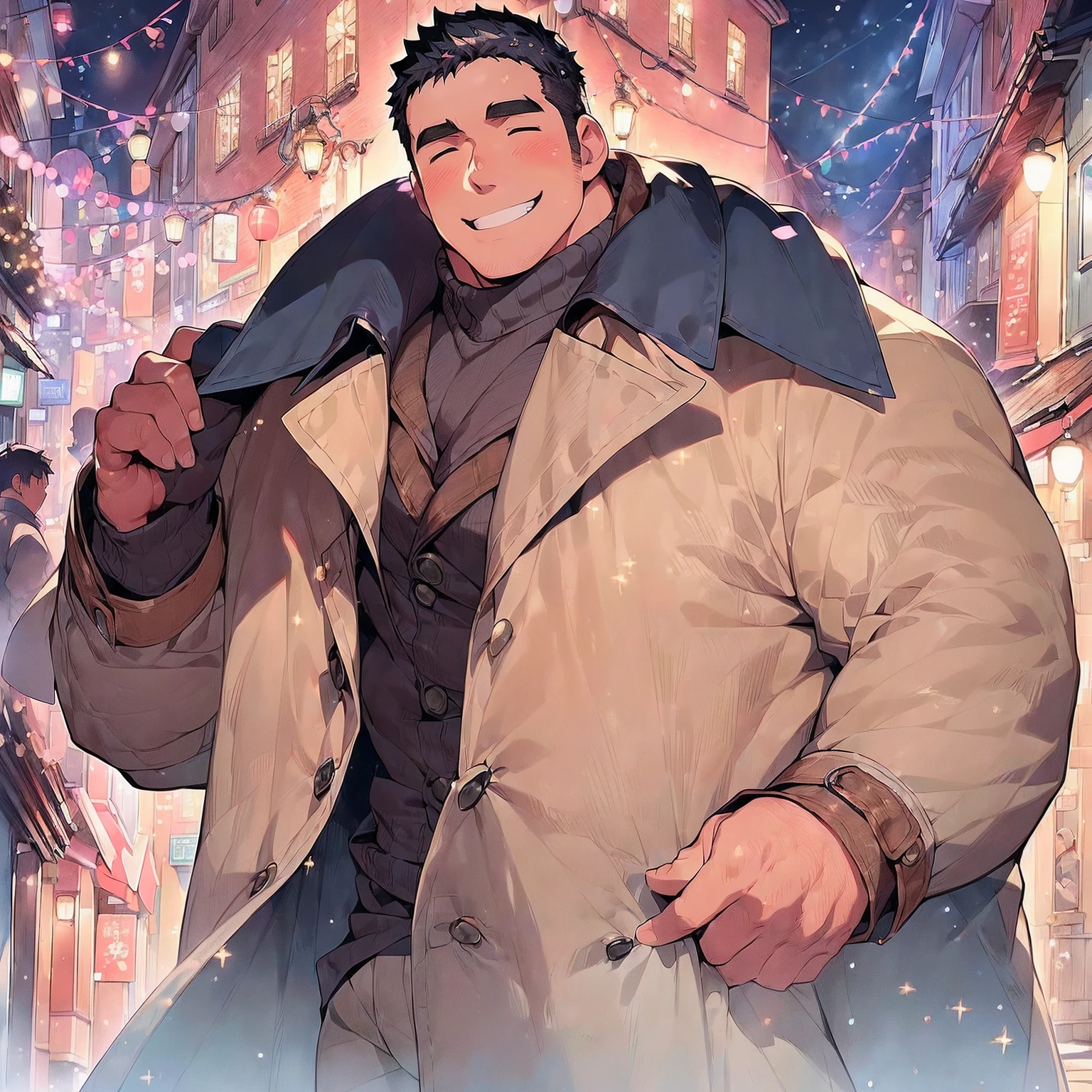 (masutepiece:1.2),(Award-winning original photos:1.2),(Beautiful Christmas illuminations 1.5),Fashionable European streets、(Anime style:1.2)、cleavage of the breast,(only one man:1.5)、[(muscular:1.2)|Musclegut], matured male, ([Massive|:1.2)Stocky], cropped hair、(Bigchest),Ultra-detailed eyes、hyperdetailed face、(Long coat:1.1)、(turtle neck:1.1)、Popular on pixiv、(close up of face:1.4)、blushed face、a handsome、(Smiling smile:1.4),closed her eyes