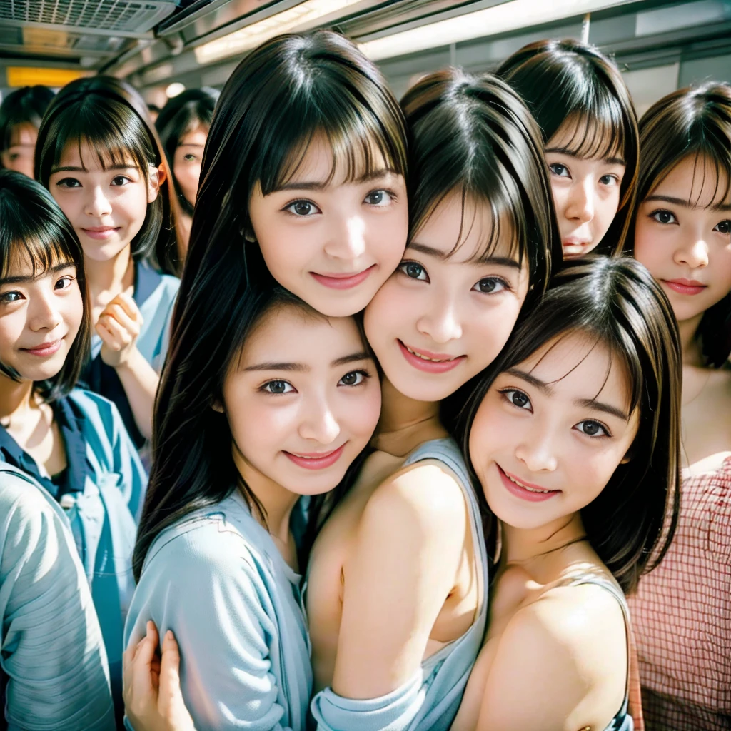 Raw photo、(((multiple girls))),((((6+girls)))),((((1000girls)))),(((10000girls)))、(((crowd shot))),((a baby face)),(((Adhesion)))、((Crammed))、((Packed))、(Inside the crowded train)、Women only、japanes、((Same height))、The same face、((A dark-haired)),1000 cute women hugging and loving each other、(((Large group)))、((chiquita))、sweating、joyous expression、A crowded train full of little girls