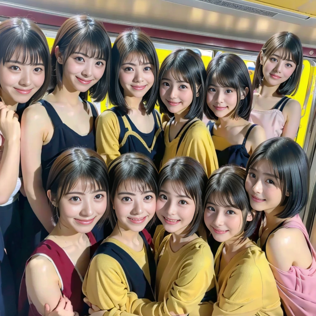 Raw photo、(((multiple girls))),((((6+girls)))),((((1000girls)))),(((10000girls)))、(((crowd shot))),((a baby face)),(((Adhesion)))、((Crammed))、((Packed))、(Inside the crowded train)、Women only、japanes、((Same height))、The same face、((A dark-haired)),1000 cute women hugging and loving each other、(((Large group)))、((chiquita))、sweating、joyous expression、A crowded train full of ***********s