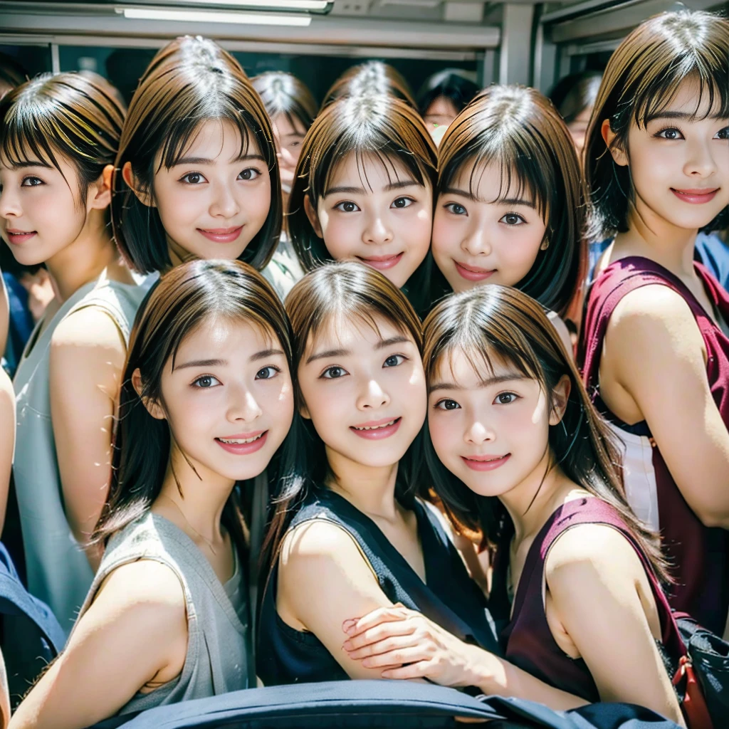 Raw photo、(((multiple girls))),((((6+girls)))),((((1000girls)))),(((10000girls)))、(((crowd shot))),((a )),(((Adhesion)))、((Crammed))、((Packed))、(Inside the crowded train)、Women only、japanes、((Same height))、The same face、((A dark-haired)),1000 cute women hugging and loving each other、(((Large group)))、((chiquita))、sweating、joyous expression、A crowded train full of little gi