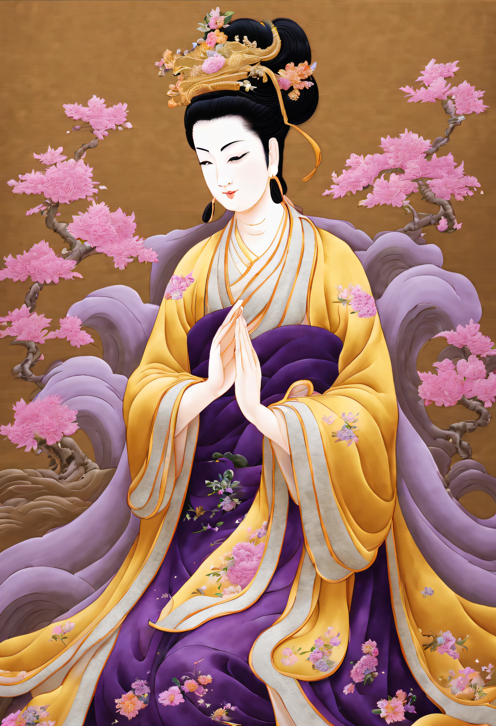 ( Embroidery works)), (Suzhou embroidered purple robe Guanyin statue), standing full-body, embroidery, Kesi silk craft,Embroidery works, The center is Ziguanyin，Surrounded by realistic embroidered flowers, Rectangular glass frame combination, line sleek, bird's eyes view, gold background, Realistic embroidery details, k hd, - Niji 5 style expression,
Avalokitesvara&#39;s expression is peaceful and peaceful, Her eyes are slightly closed, It was as if lost in thought. Her face is round, Her lines are smooth, Full of compassion and wisdom, And the corners of his mouth were slightly raised, show a calm smile, People feel a sense of tranquility and comfort, Slender hands clasped together， As if she could drive away all the suffering in the world, Symbolizes love and blessings to the world，Every stitch embodies the hard work and wisdom of the craftsmen....., Her clothes are gorgeous and solemn, The color is mainly dark purple, Show her nobility and mystery. Her robe is embroidered with exquisite flowers and auspicious patterns, Sparkling，realistically.，These patterns complement the main color of purple, The whole picture is more vivid and three-dimensional, The entire Suzhou embroidery work of Guanyin in Purple Clothes gives people a solemn and sacred feeling....