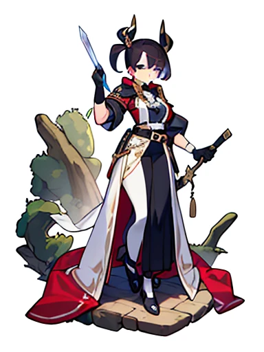 (((8k,Best Quality)), Masterpiece, girl, holding sword, gloves, looking at viewer, variety of hairstyles, variety of hairstyles, solo, white cloth, full body, white background, belt,