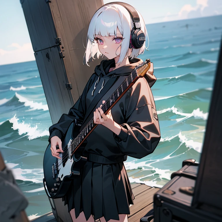 white hair,an animated character,tall,Cool,((masterpiece)),female focus,1 female,short-hair,light skinned,purpl eyes,Thin eyebrows,Beautuful Women,Carrying the guitar case on your back,black guitar case,Long bangs,piercings,Cool,Black hoodie,pleatedskirt,Wearing a black hood,headphones,The background is the sea,Detailed hand,A detailed face~Masterpiece,Top image quality