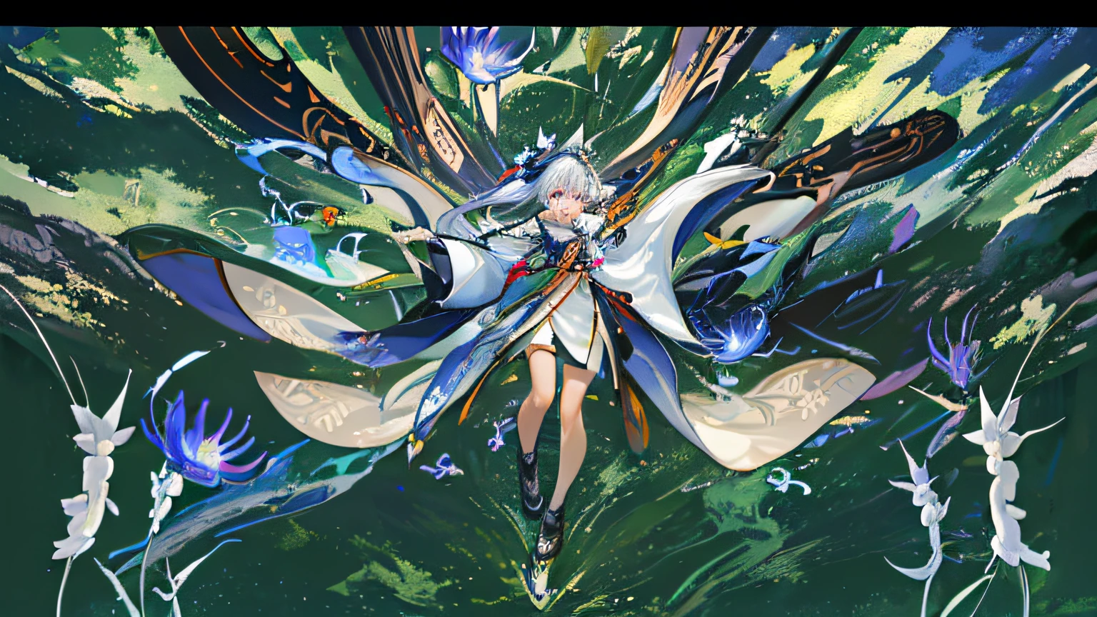 Close-up of a person in a flower field, lunar themed attire, genshin impact, Jellyfish Miko 8k, Ethereal mech theme, onmyoji, A flowing white robe, ingame image, genshin impact style, goddess of flowers, ayaka game genshin impact, cloak flittering in the wind, I'm going