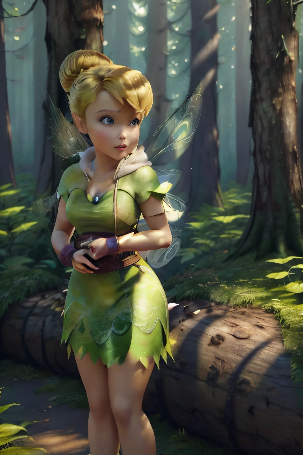 masterpiece, 8k, perfect ligthing, , adult, female, looking at viewer, cinematic lighting, full body shot, (TinkerBell:1.5), (TinkerBellWaifu:1.1), single hair bun, (green clothes), ((clothes made from leaves)), (fairy wings:1.2), pointy ears, blue eyes, (detailled eyes:1.2), tinkering in the forest, tinkering with Gigantic Clock, blush, (shrunken), clouds, pixiedust, Forest, Island,